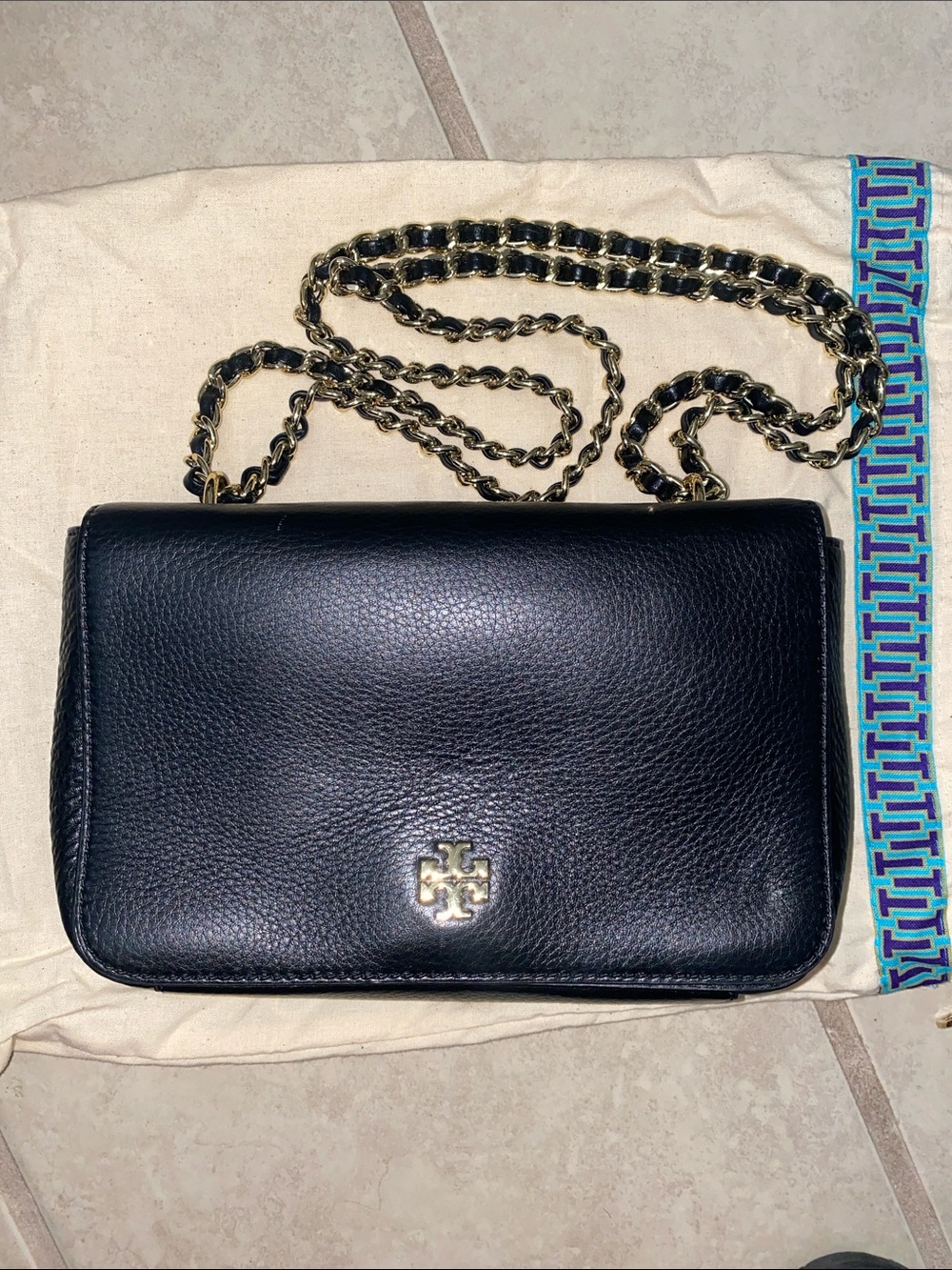 Tory Burch Black Pebbled Leather Chain Crossbody with Gold Logo